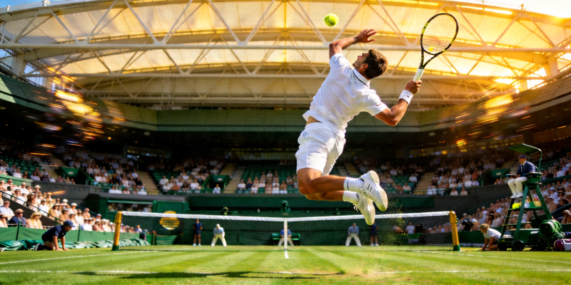 温布尔登网球锦标赛赛场 - 选手发球瞬间
